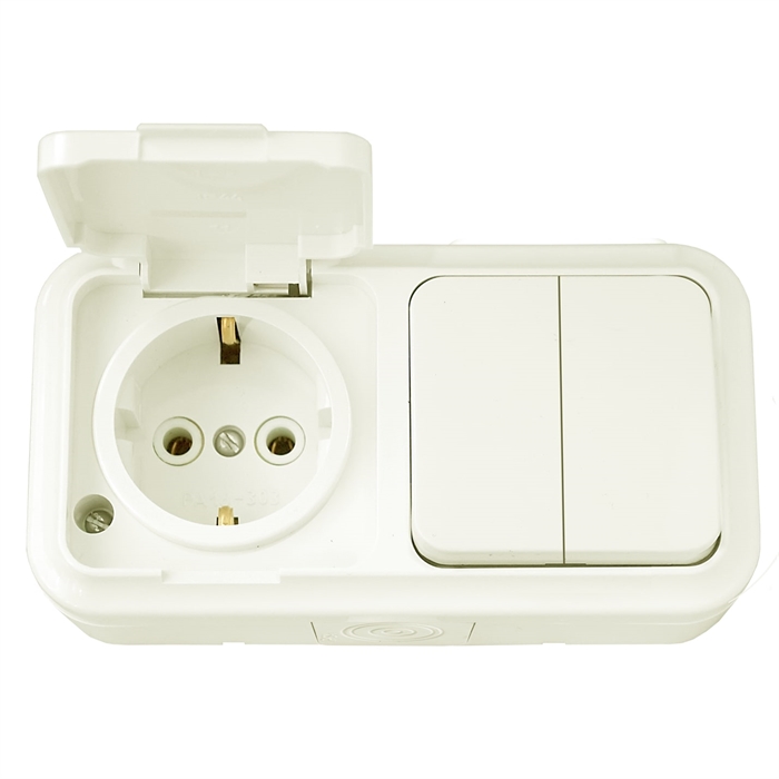 Блок (2 выкл. + роз с земл.) ОУ IP54 серия ПРАЛЕСКА АКВА, (2В-РЦ-659 бежевый) 2В-РЦ-659 бежевый