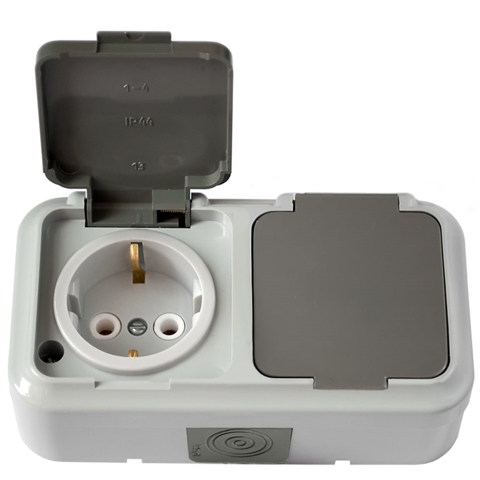 Роз. 2-местн. ОУ с земл. IP54 серия ПРАЛЕСКА АКВА, серый (РА16-303 (03)) РА16-303 (03)