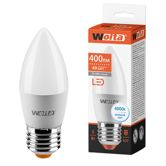 LED 5W E27 4000K свеча 100x37 Wolta... 25SC5E27