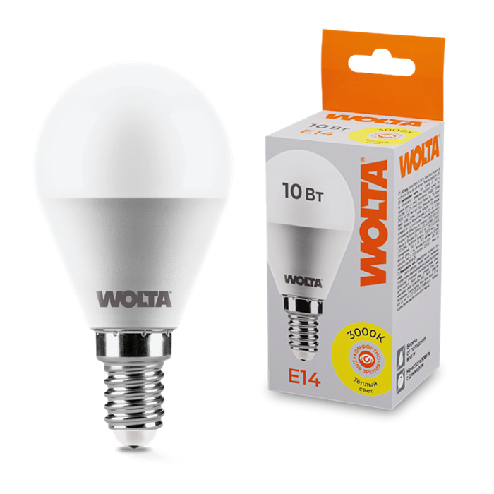 LED GL45 10W E14 3000K шар  Wolta 25Y45GL10E14
