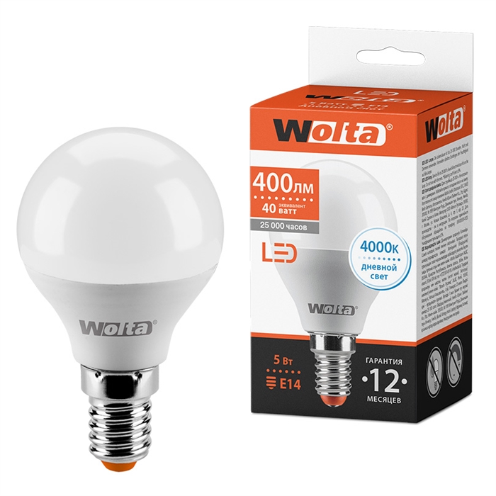 LED GL45 5W E14 4000K шар Wolta... 25S45GL5E14