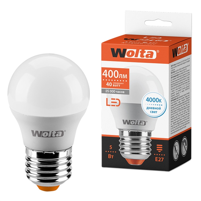 LED GL45 5W E27 4000K шар Wolta 25S45GL5E27