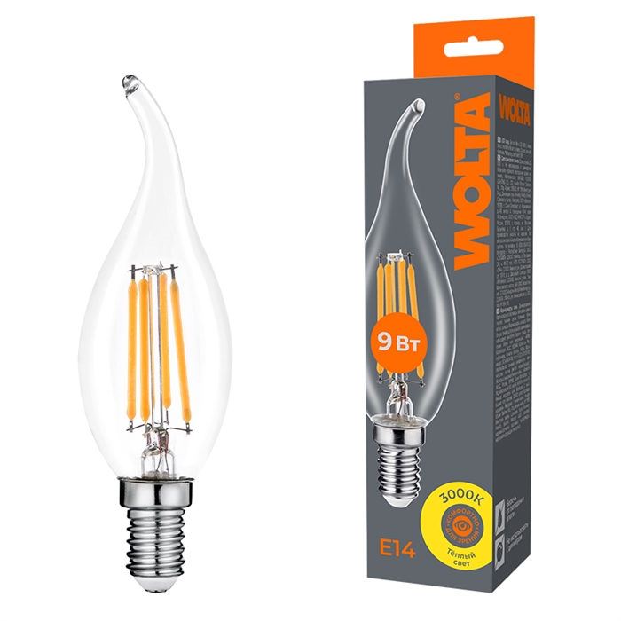 LED FILAMENT 9Вт 3000K Е14 свеча на ветру Wolta WF-CT35-9W3KE14