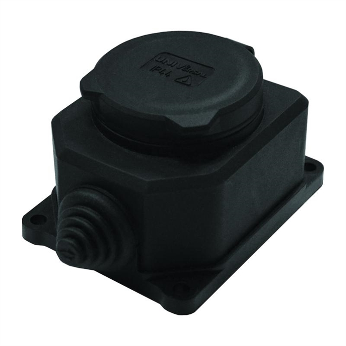 Розетка 1м с крыш. с/з каучук с заглуш. черн."КОМПАКТ" 16А 250В IP44  (еврослот)3032 UNIVers 3032