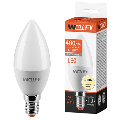 LED 5W E14 3000K свеча 100x37 Wolta 25YC5E14