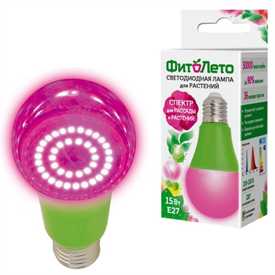 Лампа LED A60 15W E27 розов. (для рассады и цвет) Uniel UL-00004582