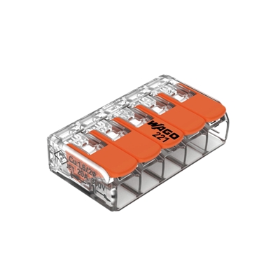 Клемма 5 провод. 0,2-4мм.кв. прозр. с рычагами WAGO (25шт/уп) 221-415  221-415