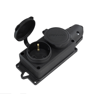 Розетка 2м с крыш. с/з каучук с заглуш. черная "КОМПАКТ" 16А 250В IP44 (40) 1788