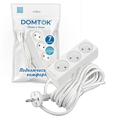 Удлинитель быт. "DOMTOK" 3гн., ПВС 2*1, 2,2кВт, б/з  7м 2353