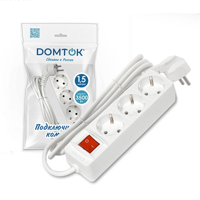 Удлинитель быт. "DOMTOK" 3гн., ПВС 3*1, 3,5кВт, з/к, выкл. 1,5м 2379