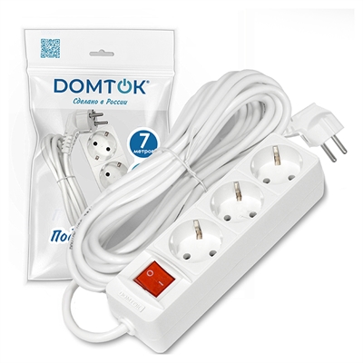 Удлинитель быт. "DOMTOK" 3гн., ПВС 3*1, 3,5кВт, з/к, выкл. 7м 2383