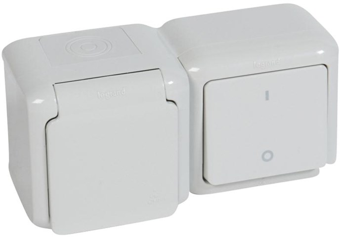 Выкл+Роз. 1м с/з о/у сер. с з/шт. LR Quteo IP44 782348 - фото 5271
