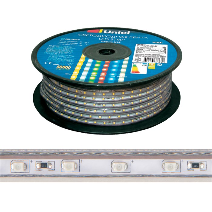  Светодиодная гибкая герметичная лента. Бобина 50 м. Желтый свет ULS-2835-60LED/m-10mm-IP67-220V-8W/ UL-00000862 - фото 8558