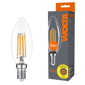 LED FILAMENT 9Вт 3000K Е14 свеча  Wolta  WF-C35-9W3KE14