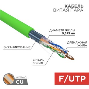 Rexant 01-0171 Кабель витая пара F/UTP, CAT 6, нг(А)-LSLTx, 4х2х0,575мм, 23AWG (305м.) 01-0171
